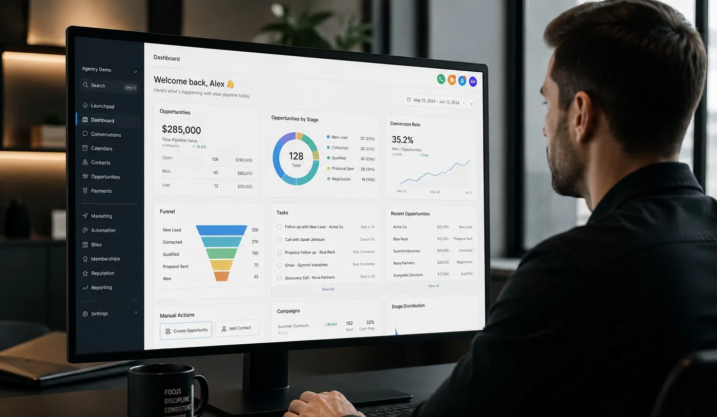 A CRM pipeline dashboard on a monitor